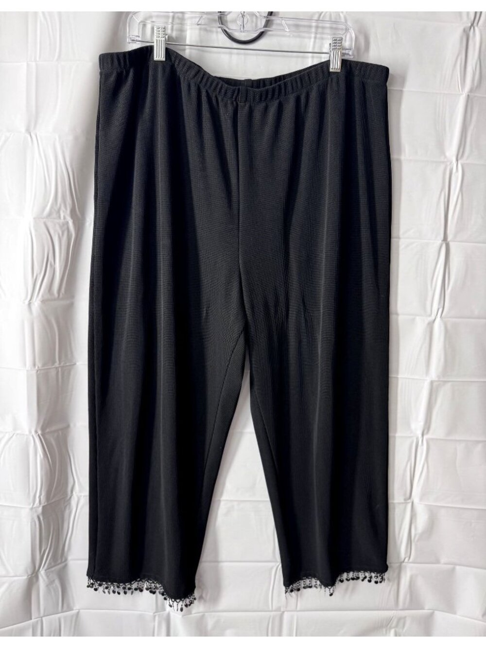 Black Beaded Sequin Plus Size Fancy Hem Cropped Pants 24W Pull On Wide Leg